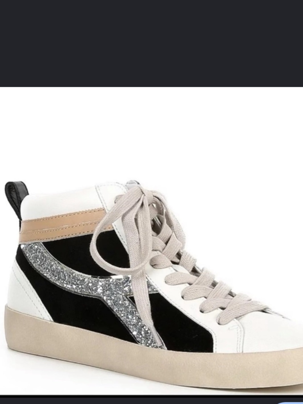 Gianni Bini High-Top Sneaker — White, Black & Silver Glitter